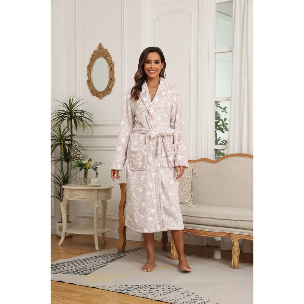Women’s Pink Heart-Print Flannel Bathrobe – Plush Warm Long Fleece Robe