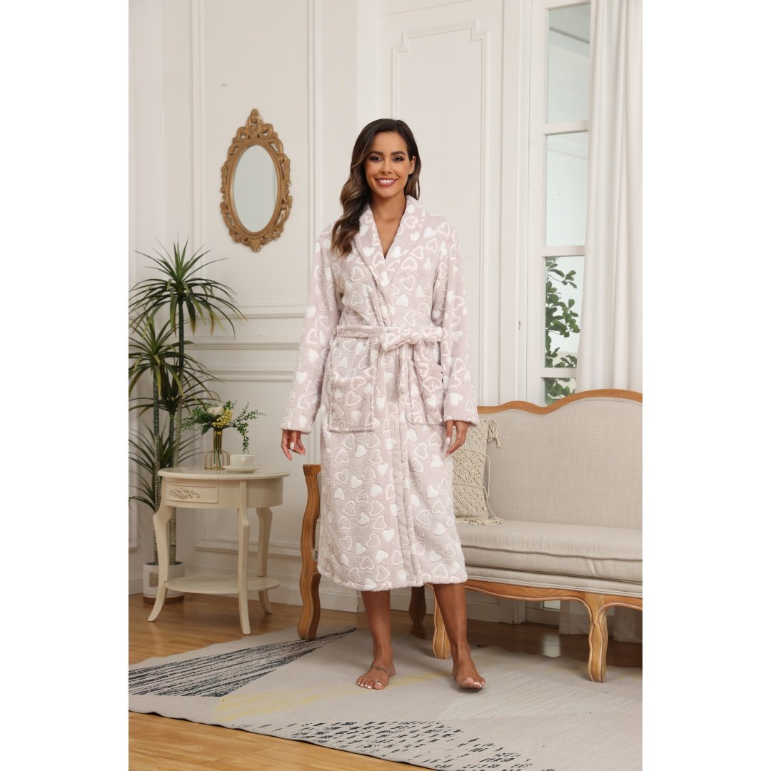 Women’s Pink Heart-Print Flannel Bathrobe – Plush Warm Long Fleece Robe