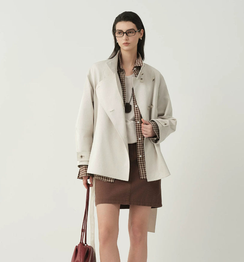 Women’s Double-Breasted Stand Collar Jacket – Tailored Petite Designer Style