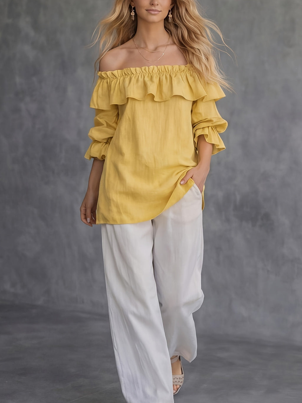 Women's One-Shoulder Ruffled Puff-Sleeve Blouse – Soft Statement Daywear