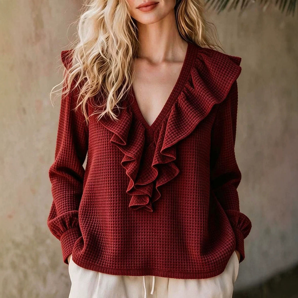 Waffle-Knit V-Neck Top - Soft and Feminine
