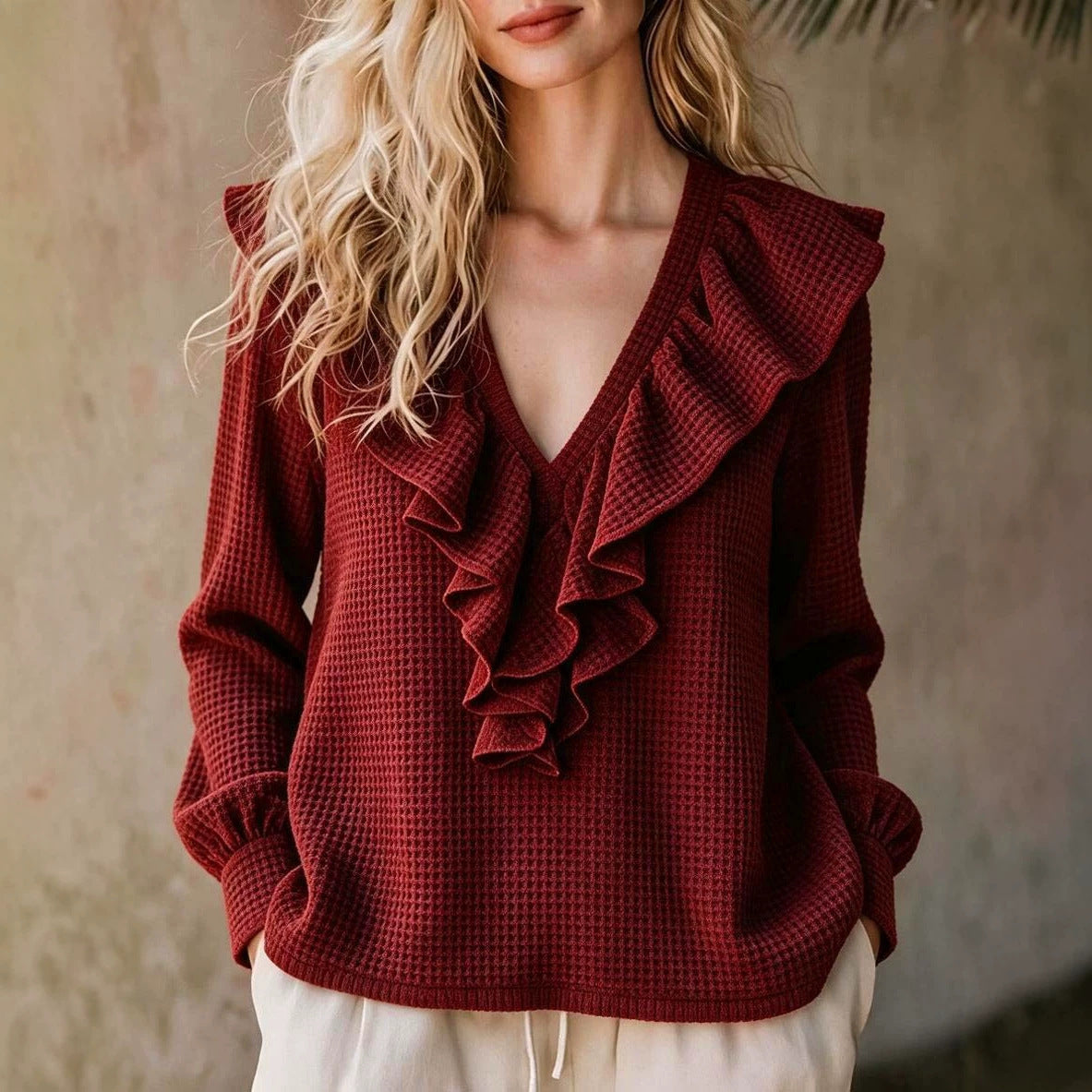 Waffle-Knit V-Neck Top - Soft and Feminine