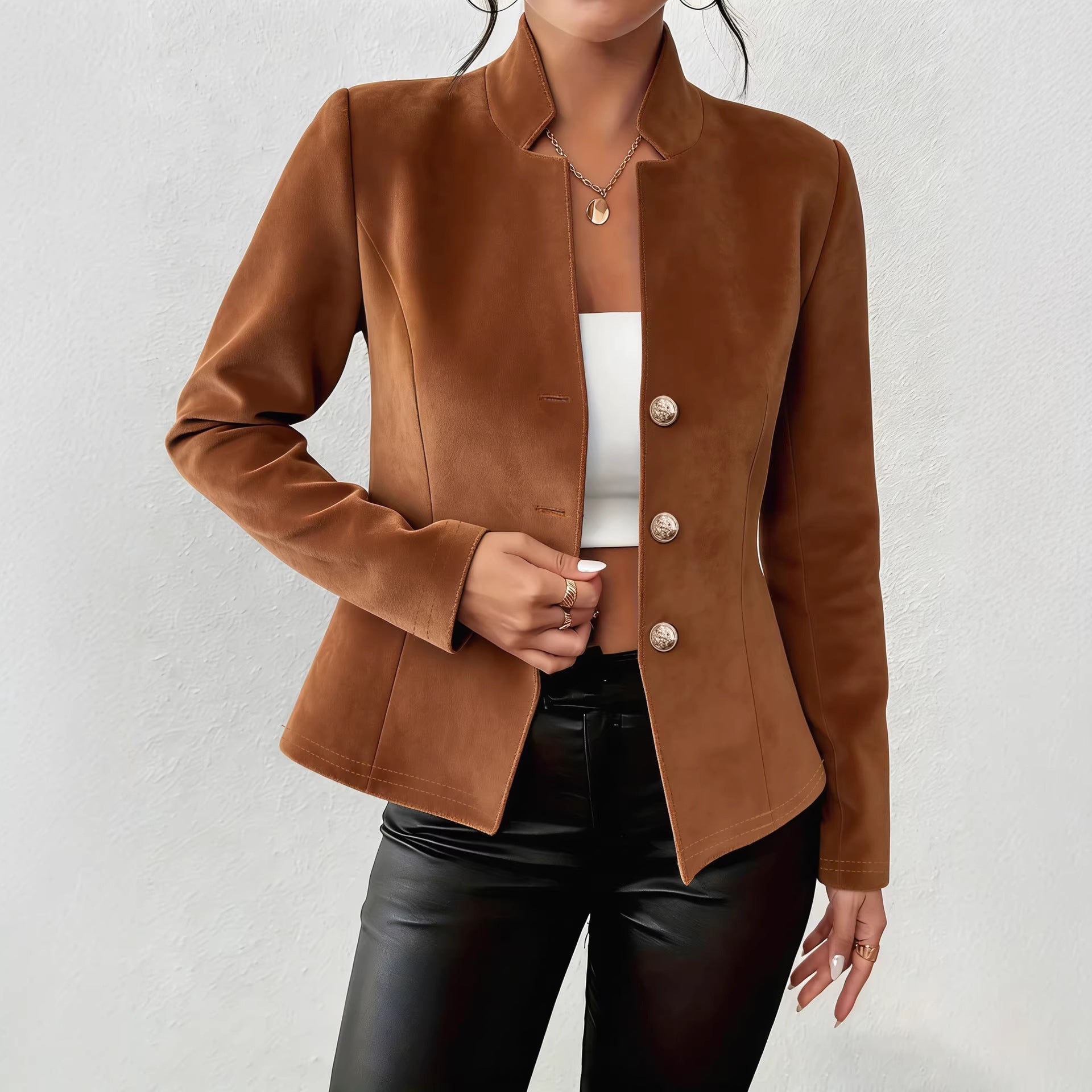 Women's Faux Suede V-Neck Blazer - Three Button Tailored Layer