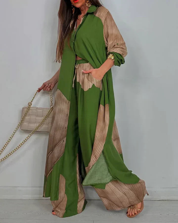 Women's Two-Piece Outfit Set - Button Shirt and Wide Leg Pants Matching Set