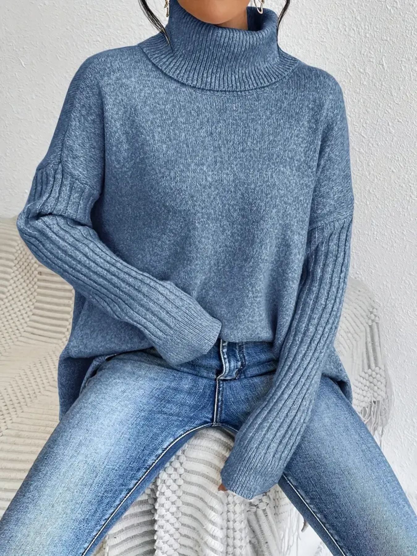 Women’s Irregular Turtleneck Sweater – Loose Knit Long-Sleeve Pullover