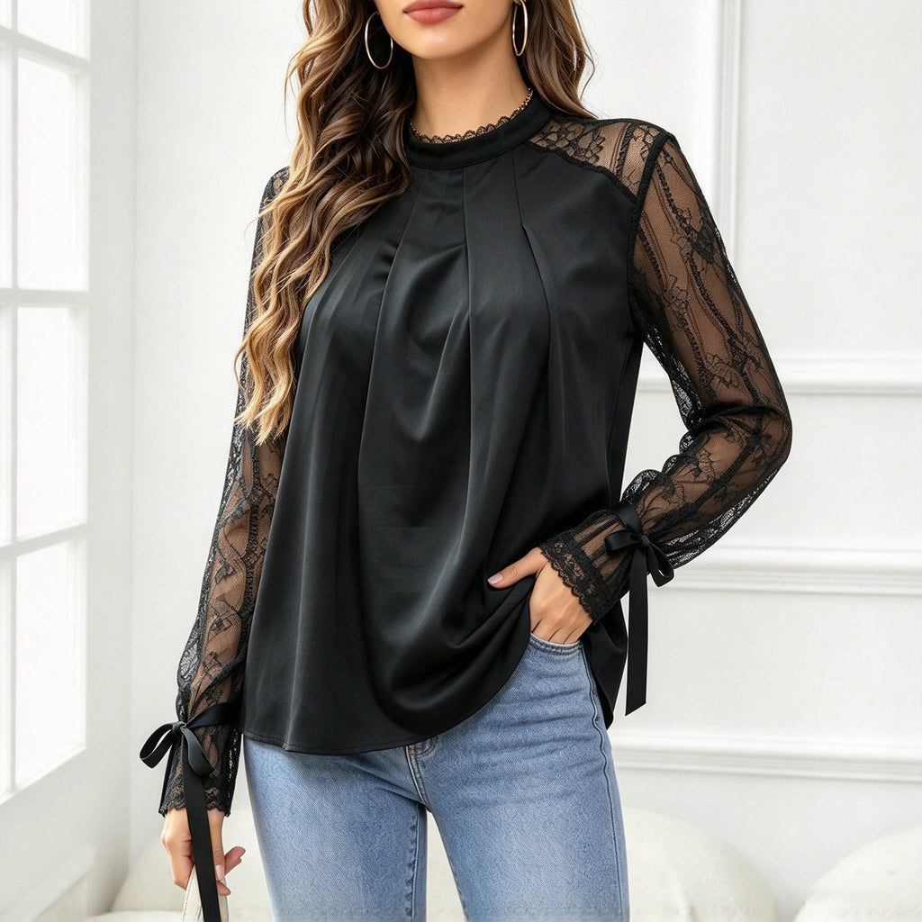 High-Neck Pleated Lace Blouse - Elegant and Refined