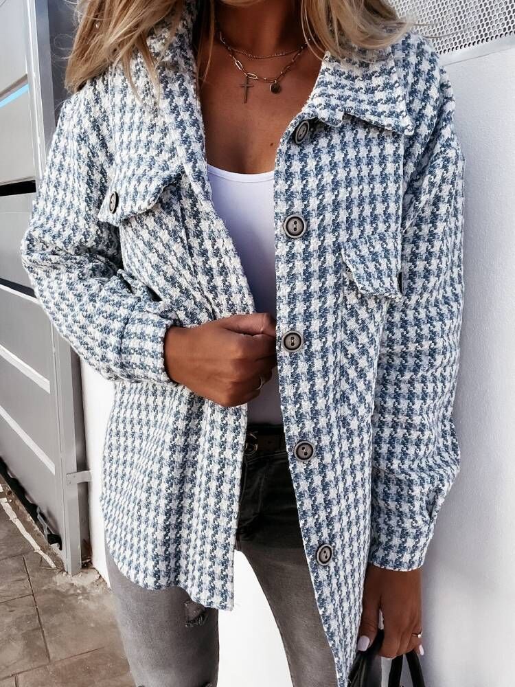 Women's Houndstooth Coat - Soft Plaid Statement Everyday Outerwear