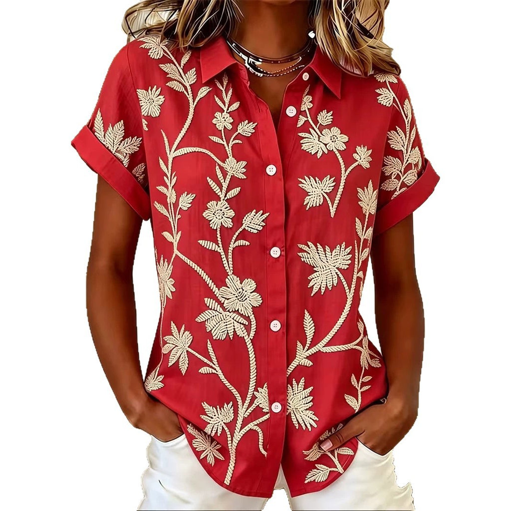 Women's Floral Short Sleeve Blouse - Leaf Print Relaxed Summer Top