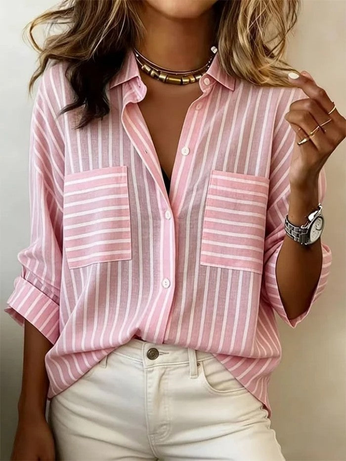 Women’s Striped Long Sleeve Shirt – Classic Single-Breasted Casual Style