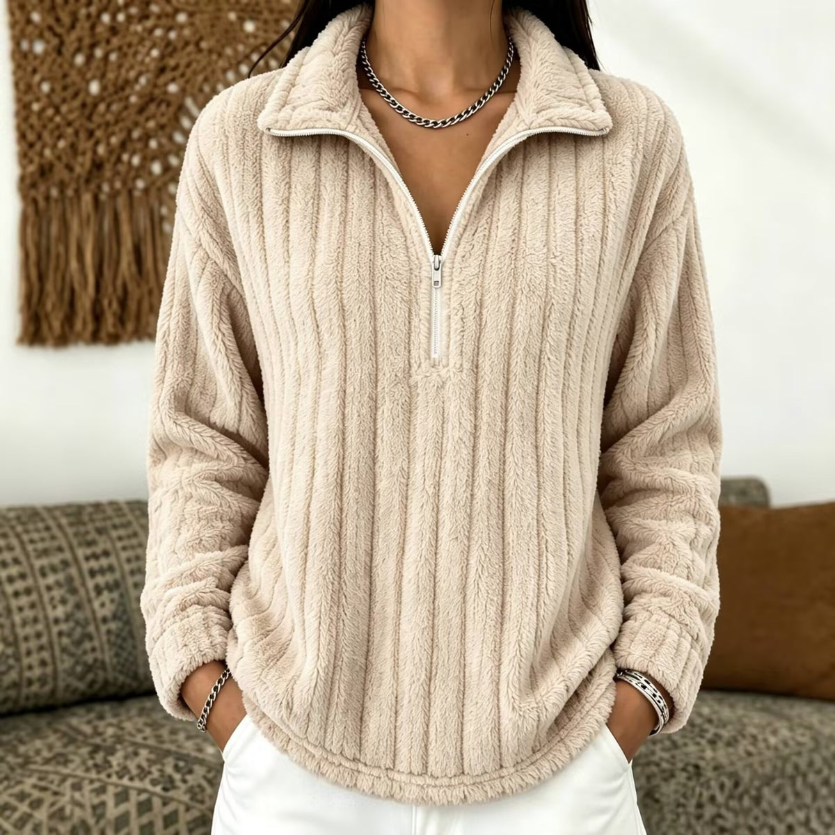 Women’s Ribbed Zip-Collar Sweater - Warm and Comfortable