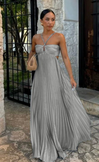 Women's Pleated Sleeveless Halter Dress – Elegant Evening Party Style