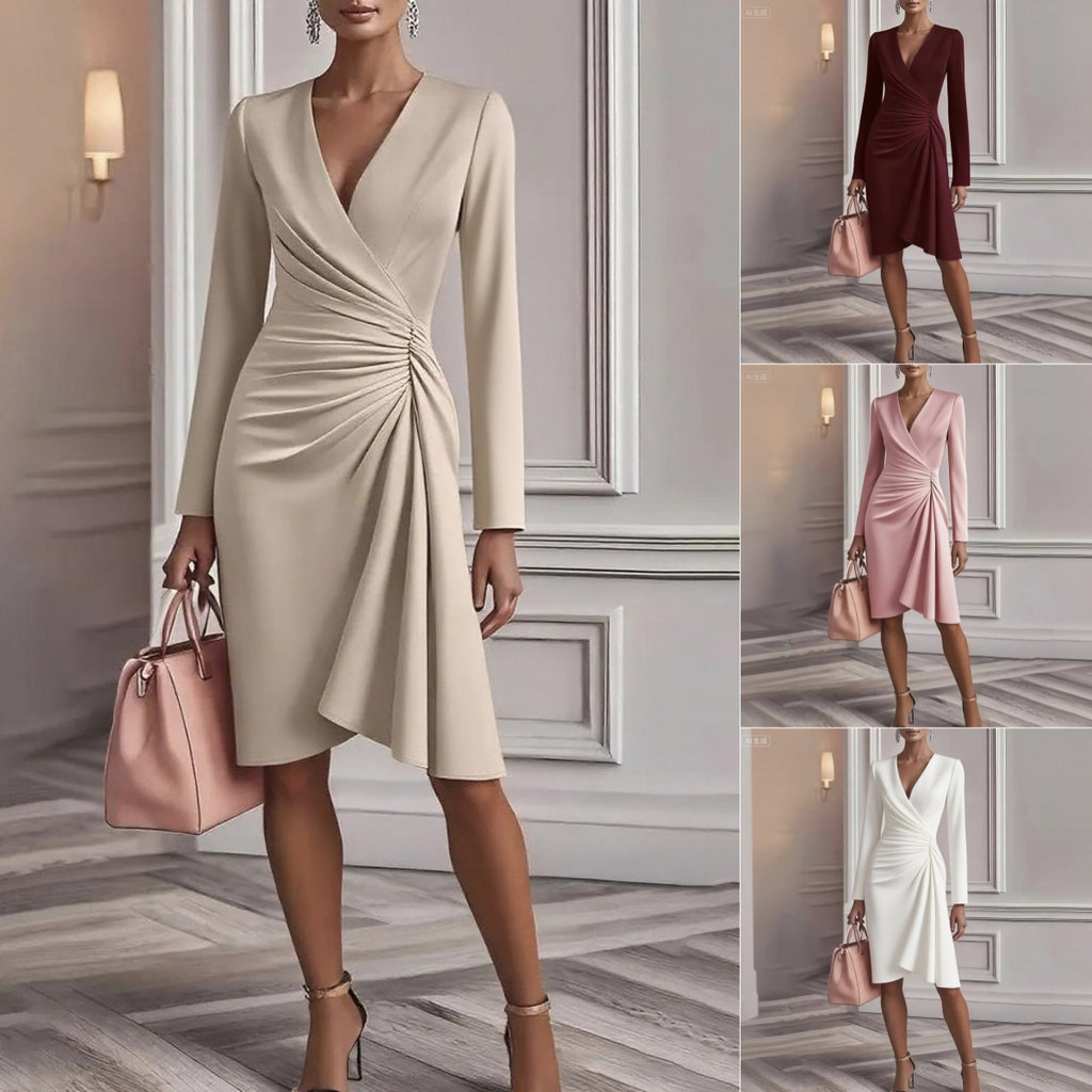 Women’s V-Neck Pleated Long-Sleeve Dress – Solid Color Slim-Fit A-Line Midi Party & Office Outfit