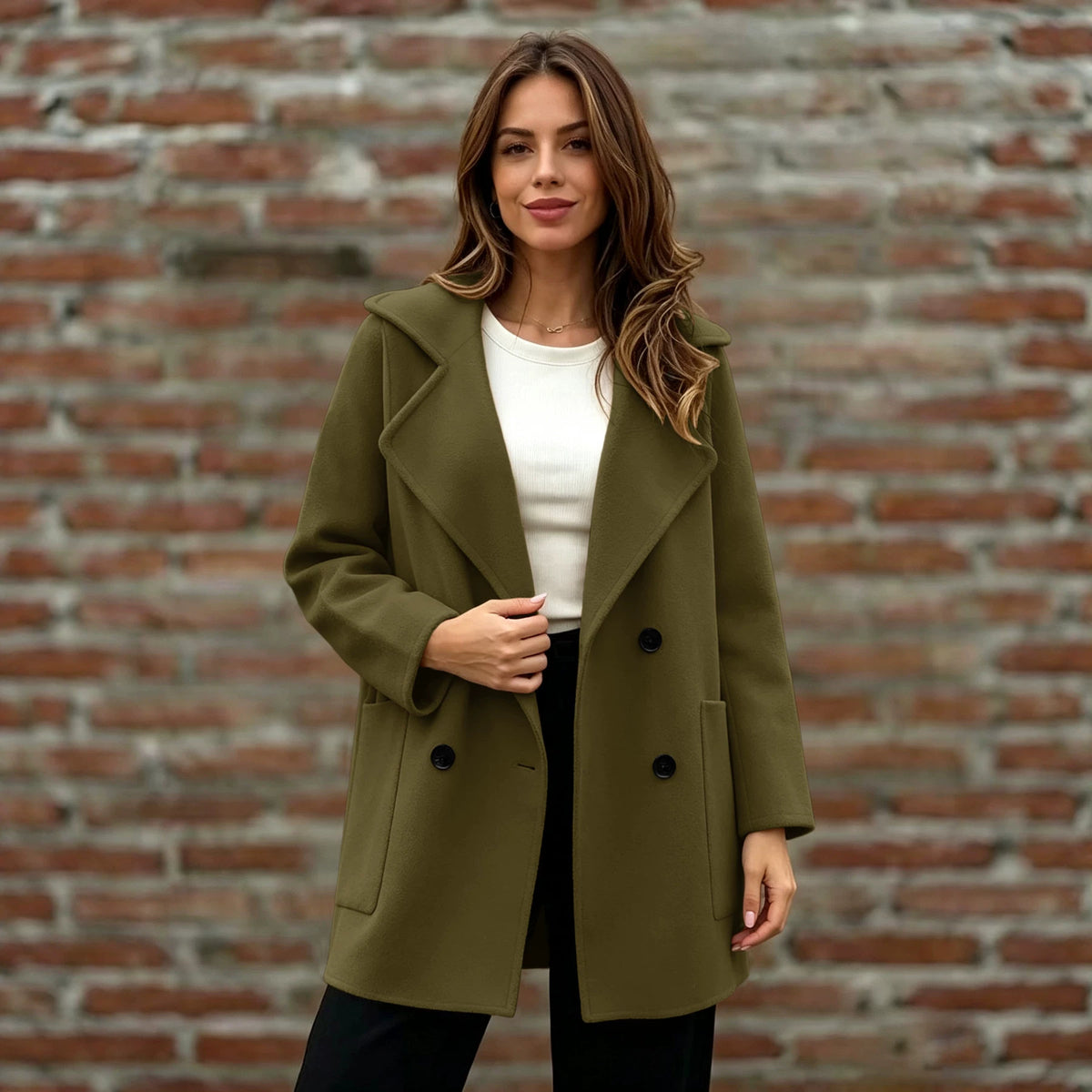 Women’s Double-Breasted Wool Coat – Loose Fit Warm Winter Style