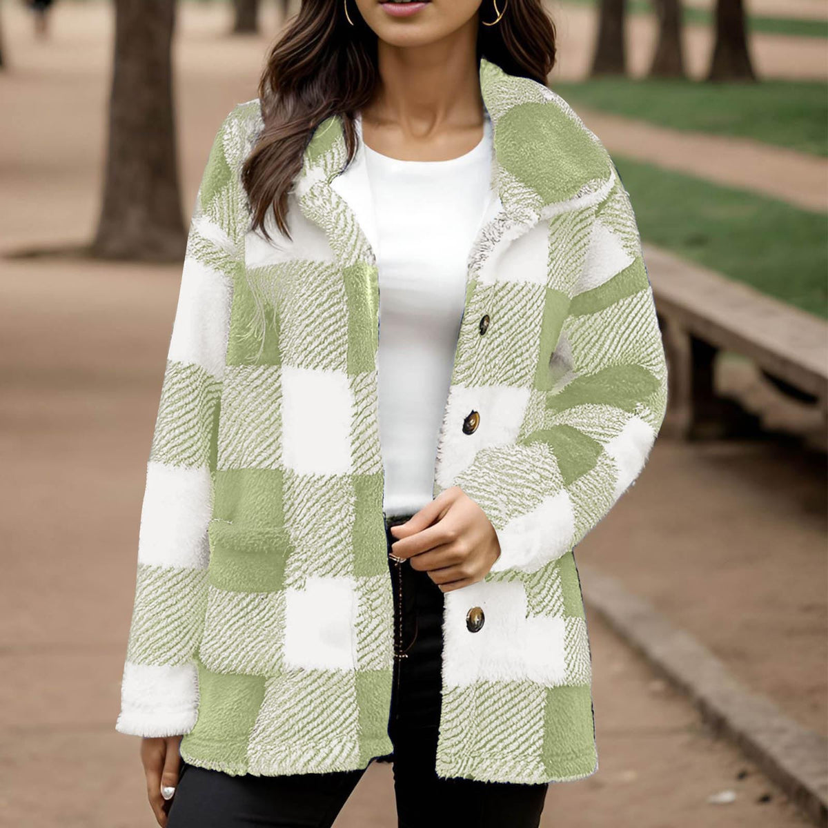 Plaid Plush Coat With Pockets - Warm and Practical