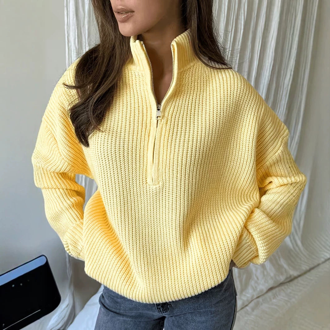 Women's Zip-Up Knit Pullover - Relaxed Soft Everyday Outerwear