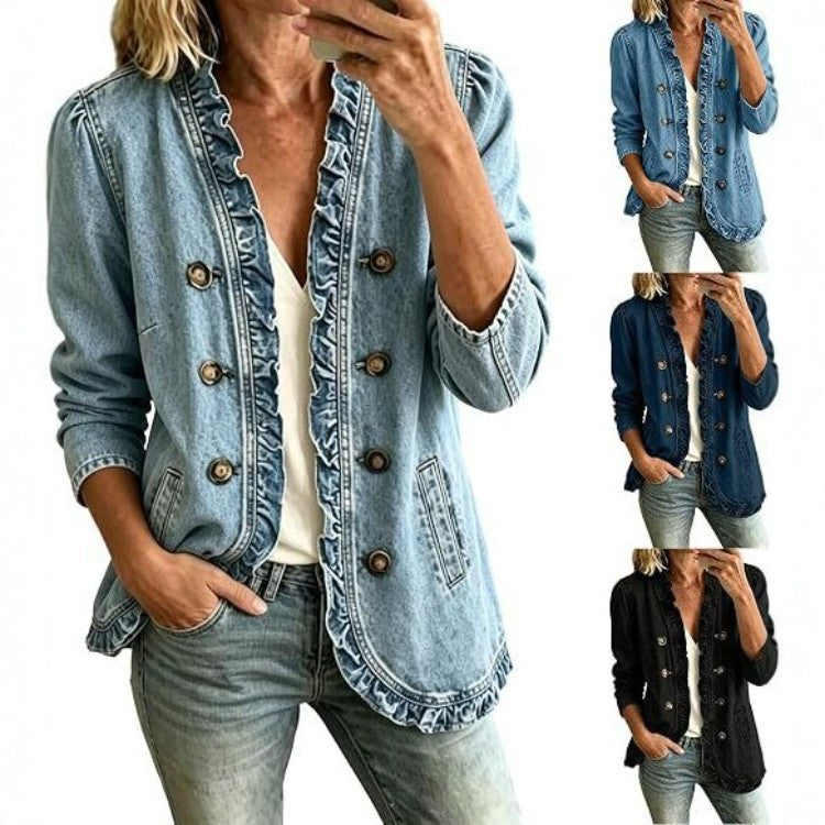 Women's Denim Jacket With Flounced Hem - Soft Casual Button Front Layer