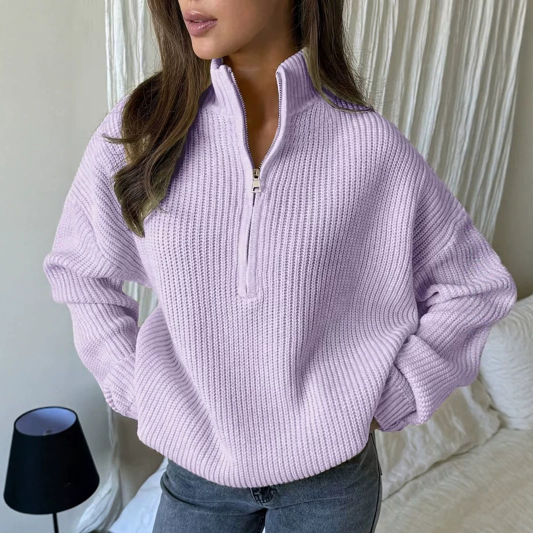 Women's Zip-Up Knit Pullover - Relaxed Soft Everyday Outerwear