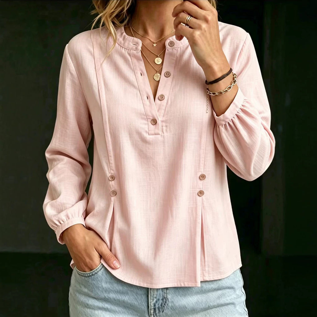 Women’s Cotton-Linen Mandarin Collar Shirt – Long Sleeve Casual Summer Style
