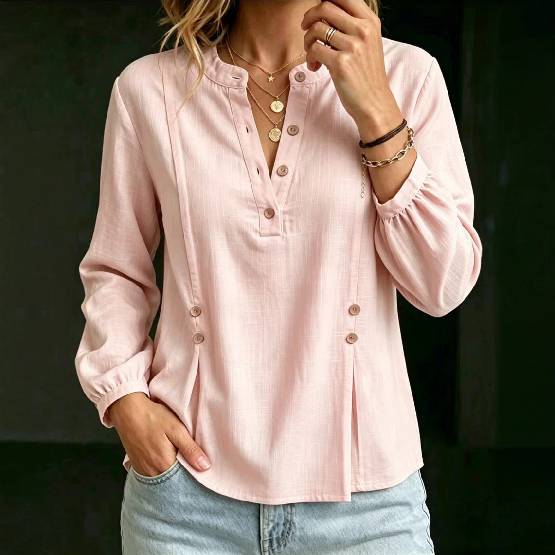 Women’s Cotton-Linen Mandarin Collar Shirt – Long Sleeve Casual Summer Style