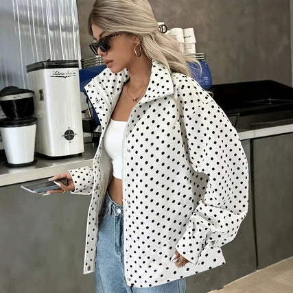 Women’s Polka Dot Printed Woven Jacket – Relaxed-Fit Stylish Short Coat