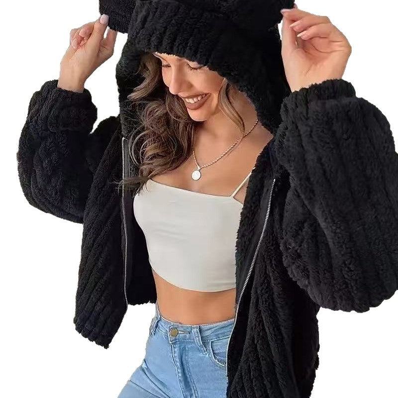 Women’s Teddy Bear Ear Hooded Plush Coat – Cozy Cute Warm Winter Style