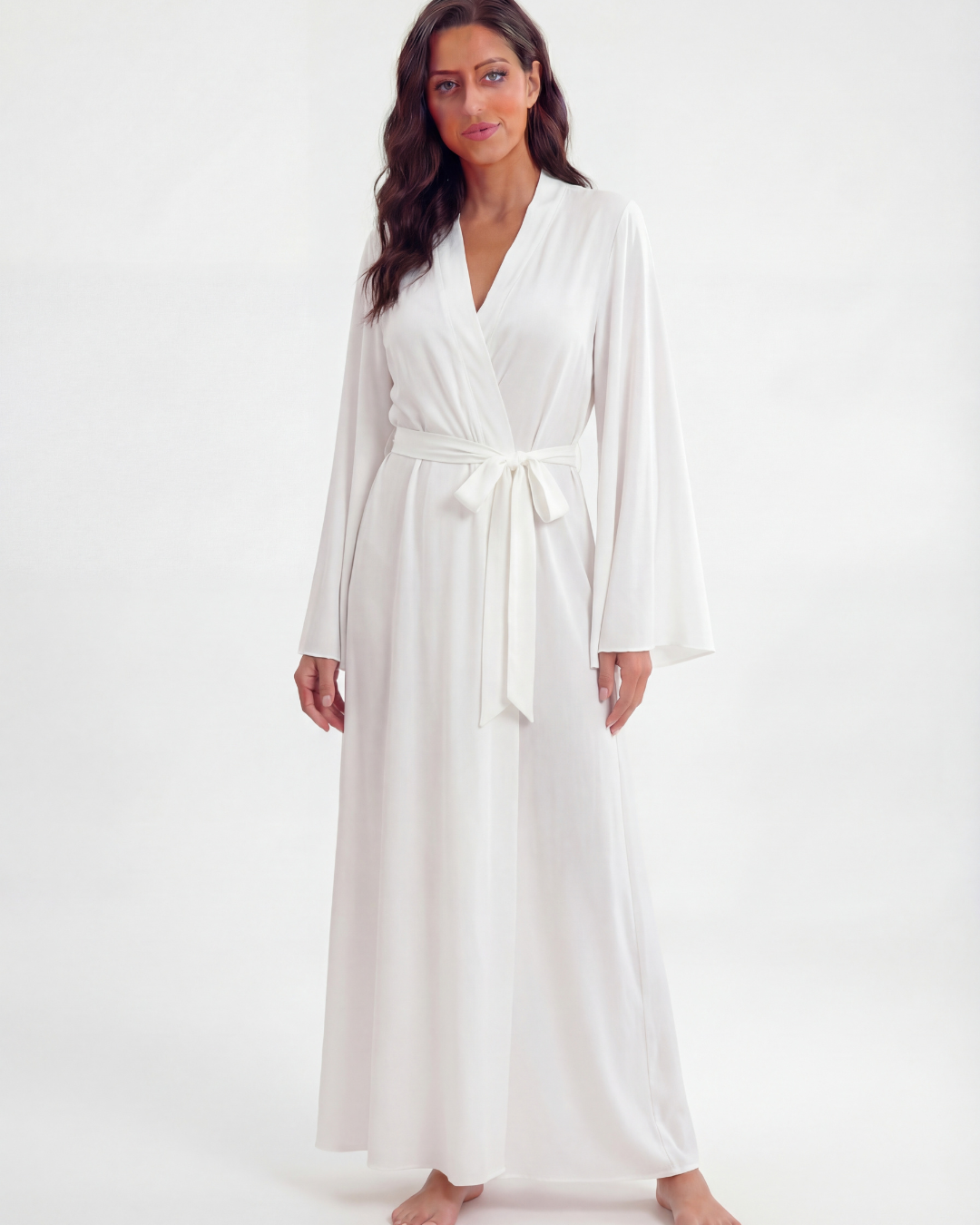 Women’s White Long Sleeve Robe – Elegant Loose V-Neck Nightwear