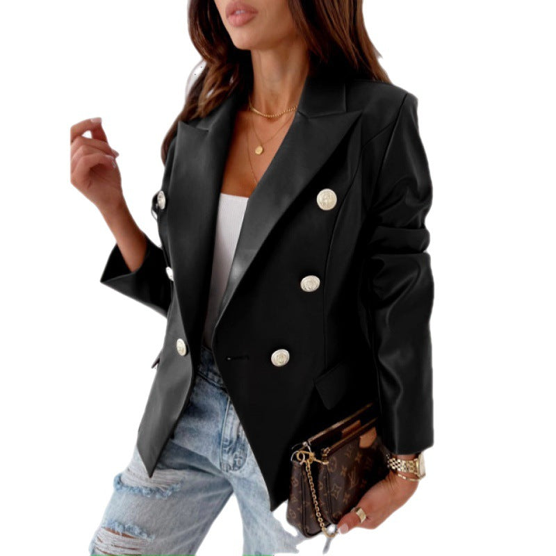 Women’s Long Sleeve Double-Breasted PU Leather Blazer – Chic Elegant Casual Formal Style