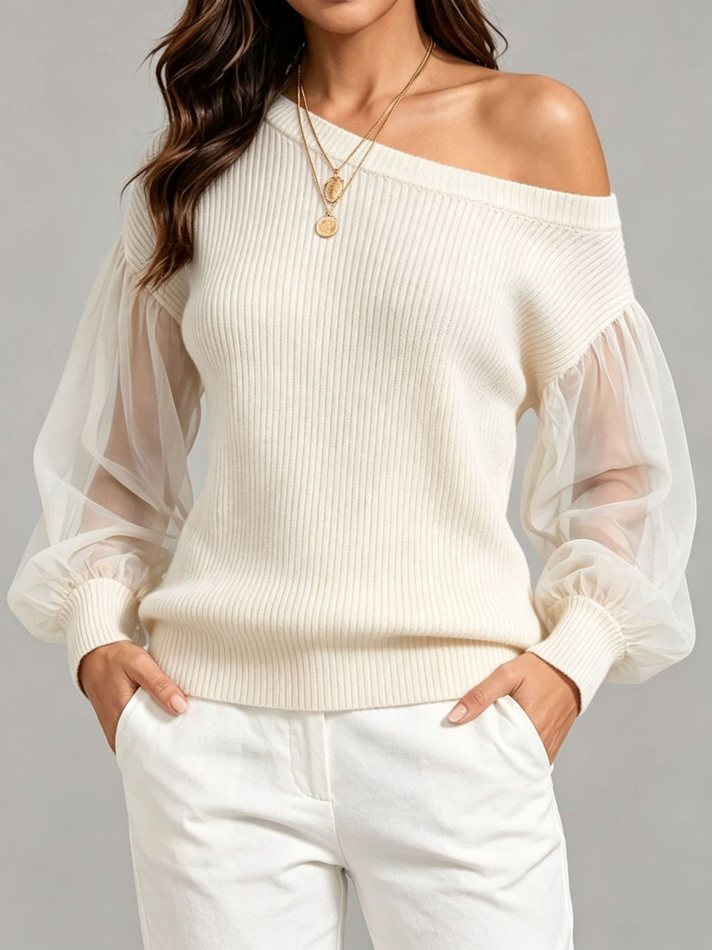Women’s One-Shoulder Knit Sweater – Relaxed Long Sleeve Style