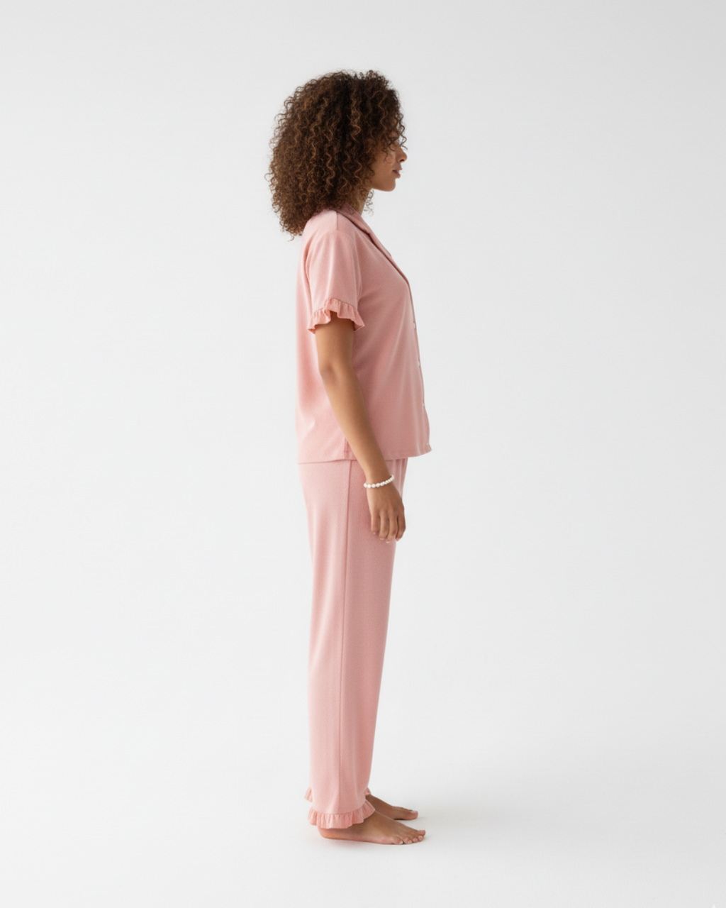 Women's Cotton Long Pajamas - Shortsleeve Buttoned Collar Shirt with Matching Pants