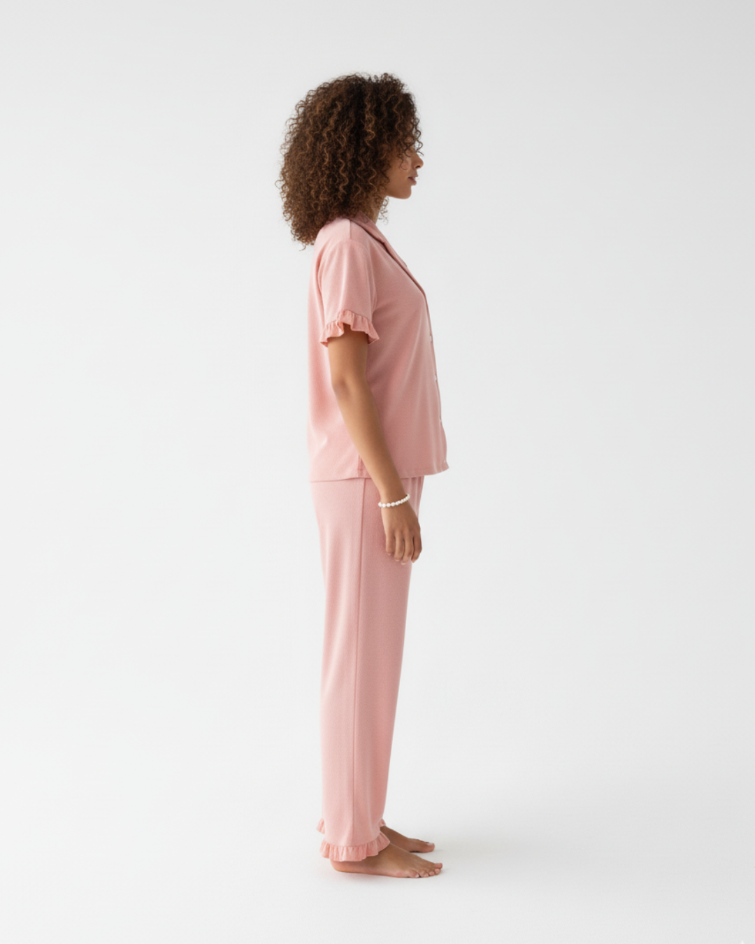 Women's Cotton Long Pajamas - Shortsleeve Buttoned Collar Shirt with Matching Pants