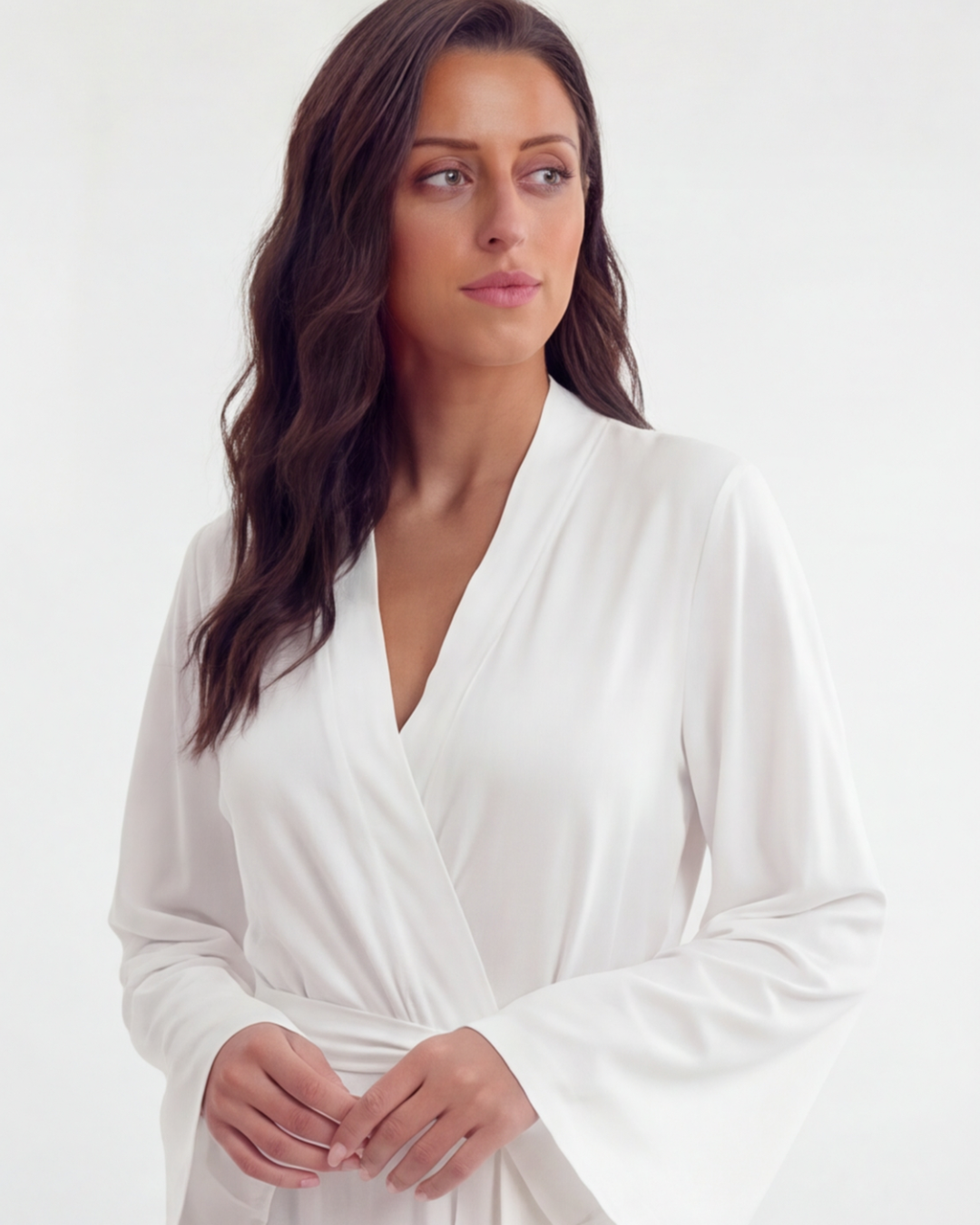 Women’s White Long Sleeve Robe – Elegant Loose V-Neck Nightwear