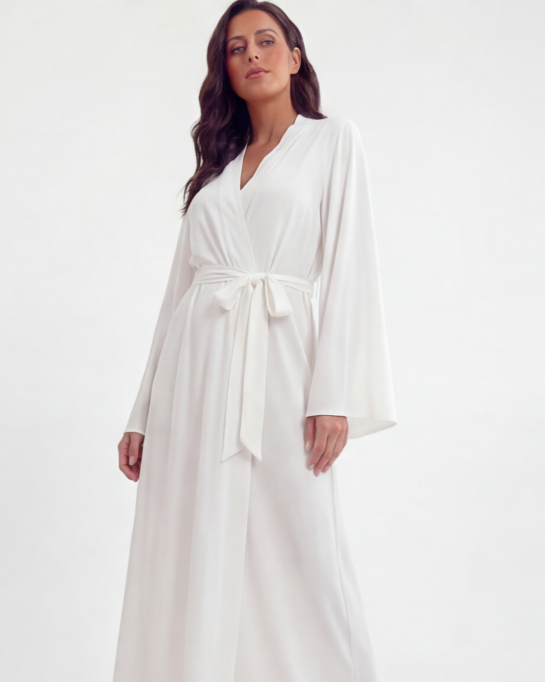 Women’s White Long Sleeve Robe – Elegant Loose V-Neck Nightwear