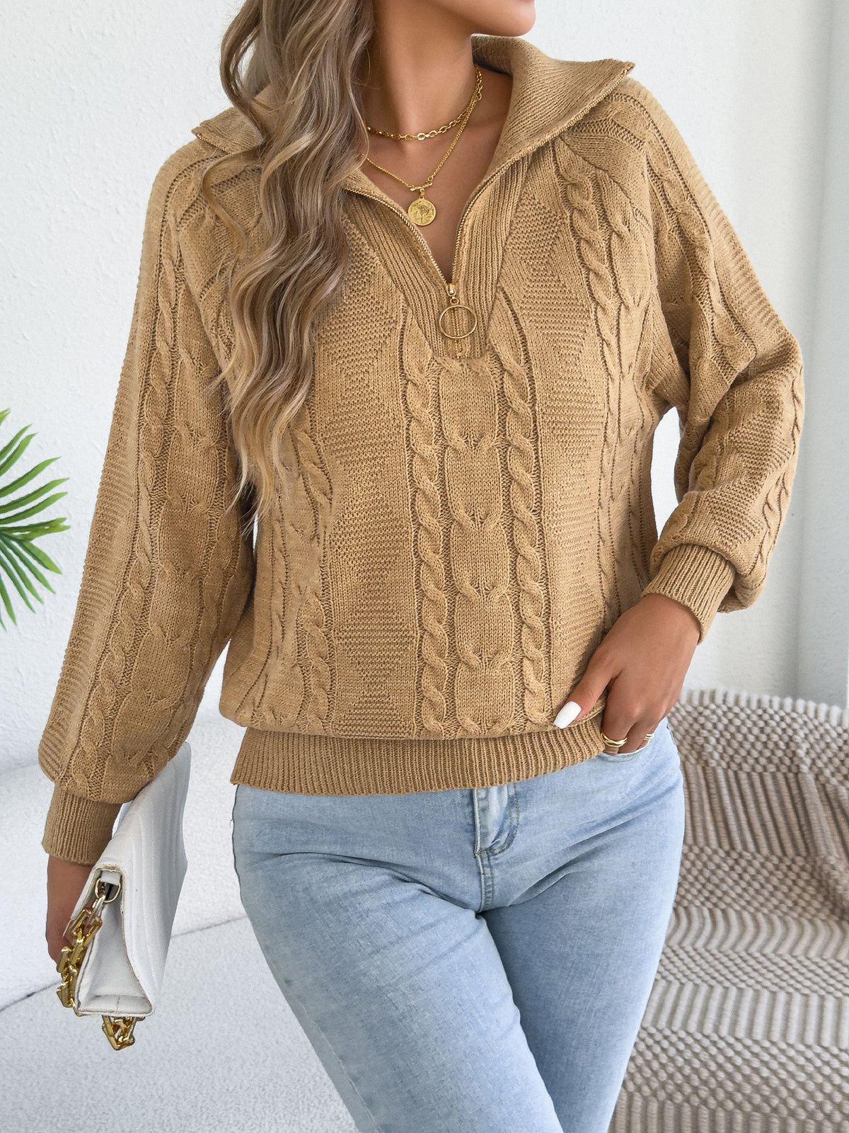 Cable-Knit Zip Collar Sweater - Cozy and Practical