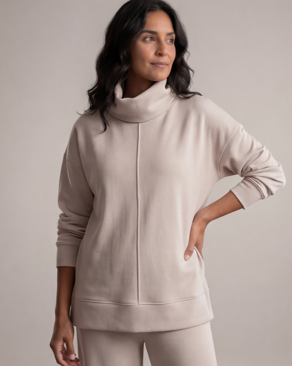 Women’s Turtle Neck Top and Wide-Leg Pants Set – Relaxed Fit Loungewear
