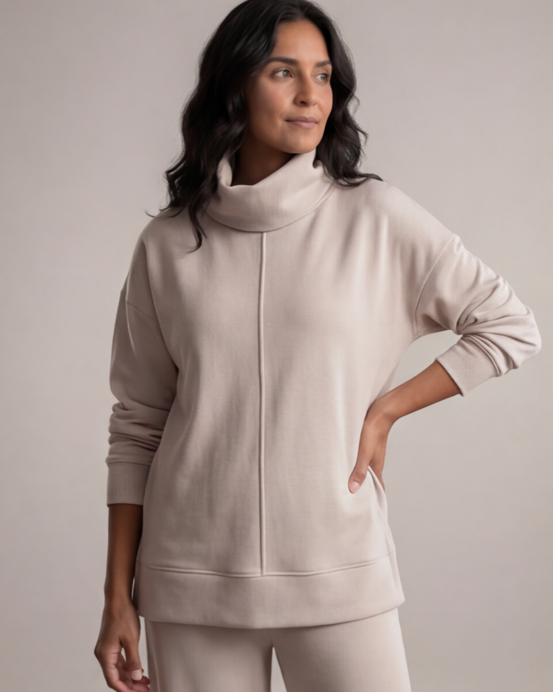 Women’s Turtle Neck Top and Wide-Leg Pants Set – Relaxed Fit Loungewear