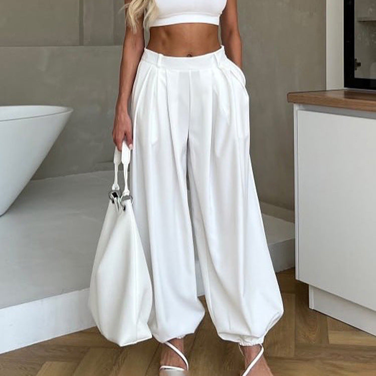 Women's High-Waisted Jogger Trousers - Loose Fit White Casual Pants