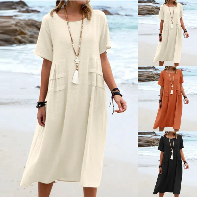 Women's Breathable Cotton-Linen Midi Dress – Relaxed Short-Sleeve Beach Style