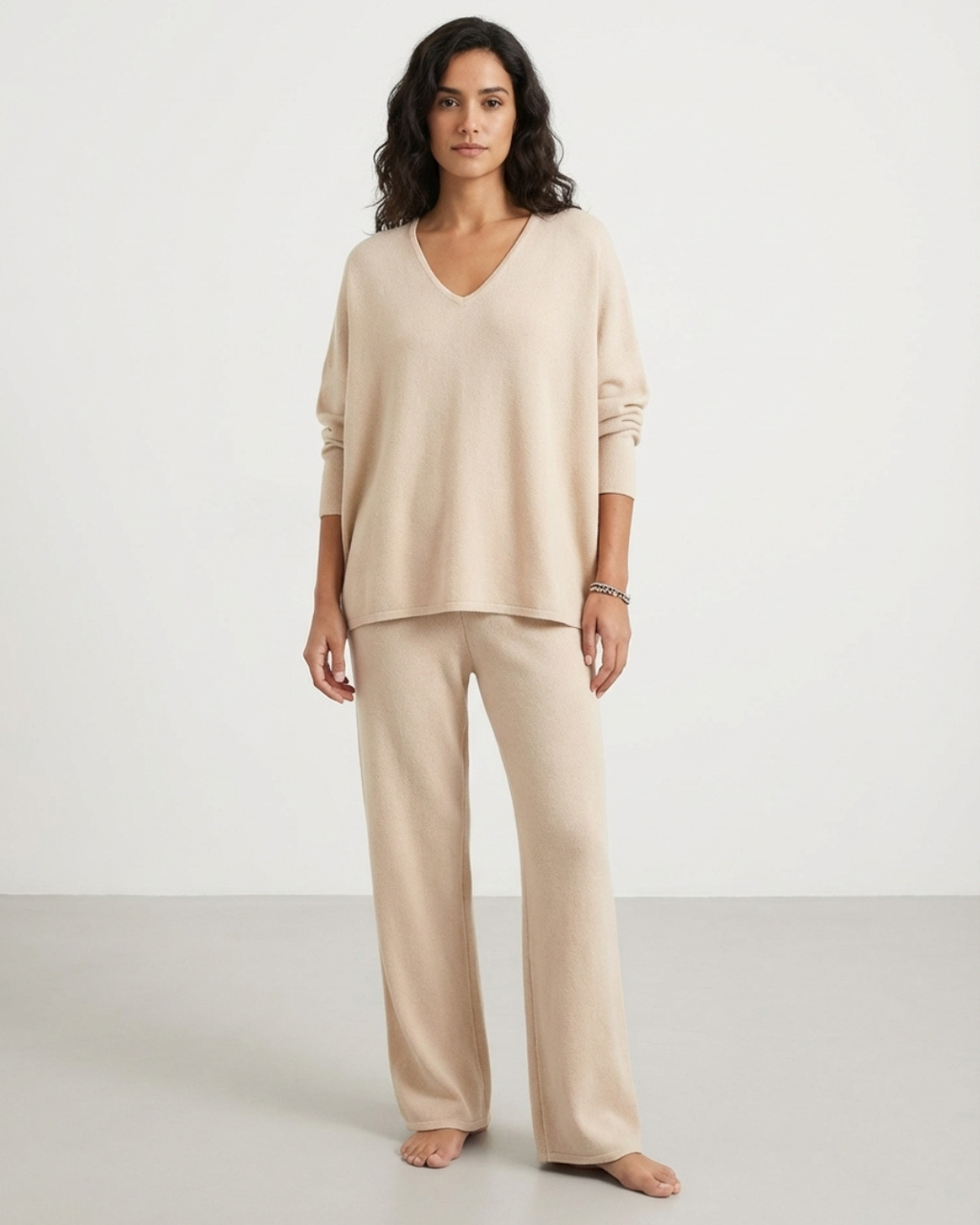Women’s V-Neck Long Sleeve Top and Knit Pants – 2-Piece Loungewear Set