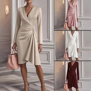 Women’s V-Neck Pleated Long-Sleeve Dress – Solid Color Slim-Fit A-Line Midi Party & Office Outfit