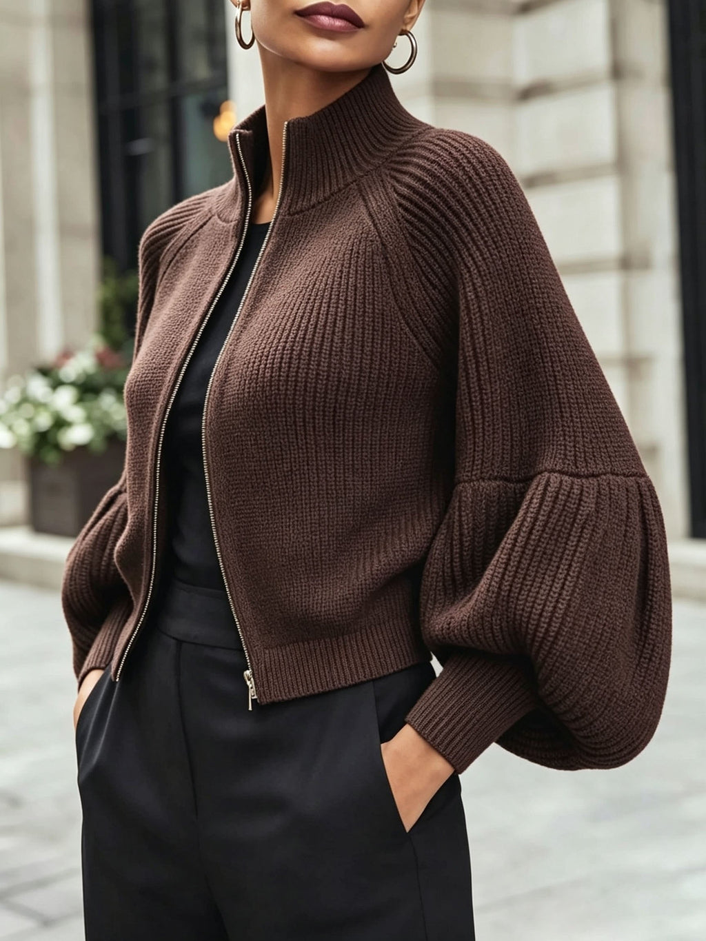 Women’s Zip-Up Puff-Sleeve Cardigan – Modern Cozy Layer
