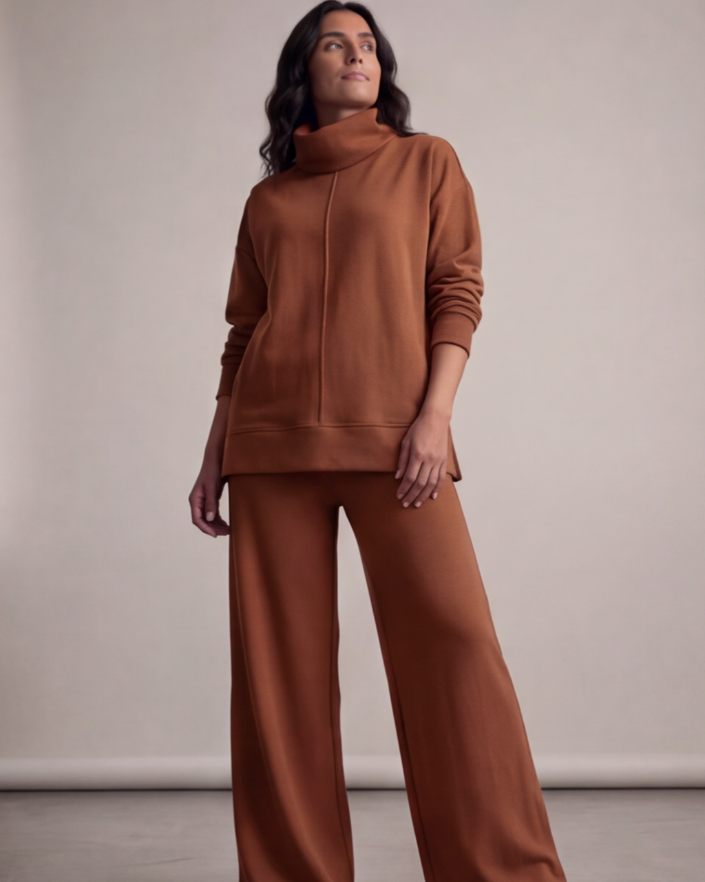 Women’s Turtle Neck Top and Wide-Leg Pants Set – Relaxed Fit Loungewear
