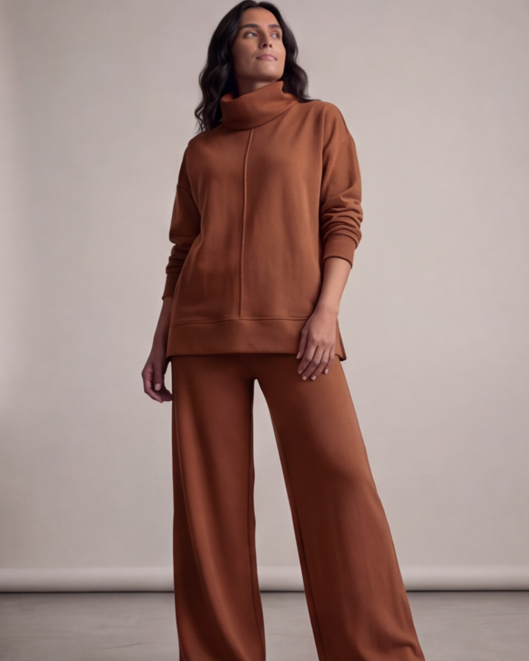 Women’s Turtle Neck Top and Wide-Leg Pants Set – Relaxed Fit Loungewear