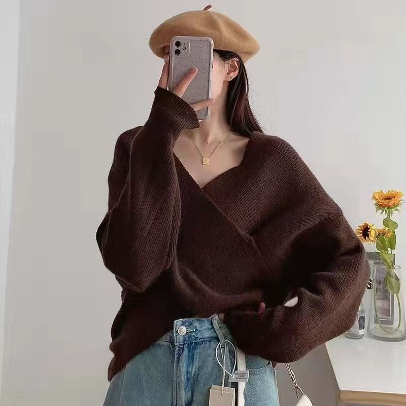 Cross V-Neck Off-Shoulder Knit Pullover - Soft and Feminine