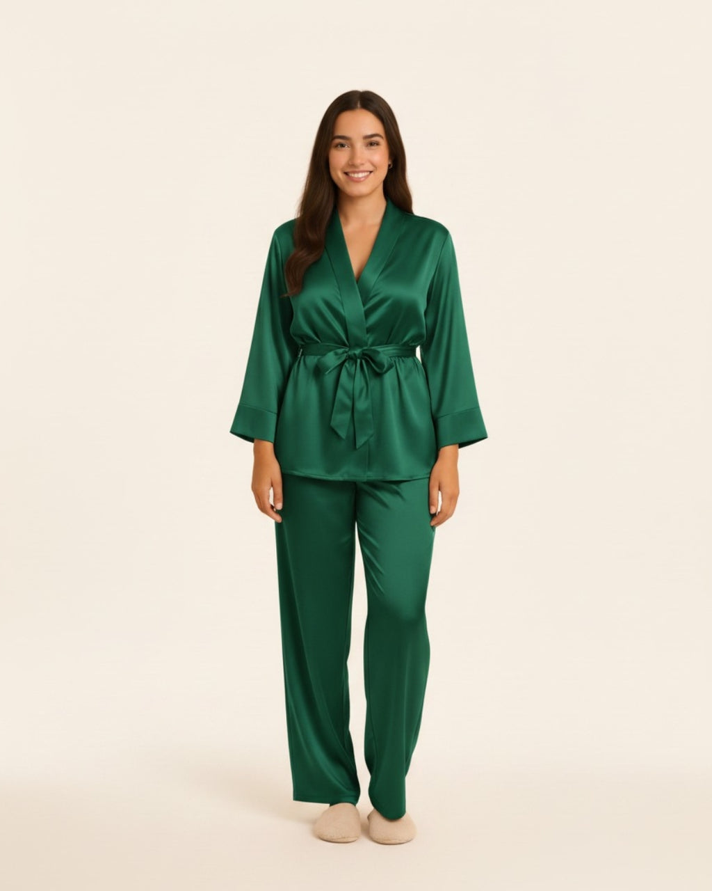 Damespyjamaset bestaande uit een badjas en een broek - Midi satijnen badjas en broek