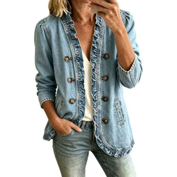 Women's Denim Jacket With Flounced Hem - Soft Casual Button Front Layer