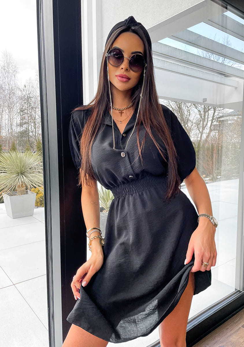 Women's Tailored Collar Midi Dress - Button Front Waist-Defined Style