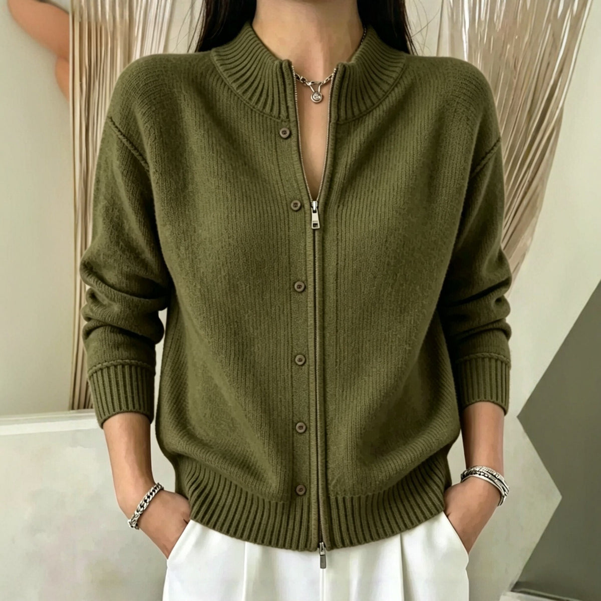 Zip-Up Crewneck Knit Sweater - Soft and Modern
