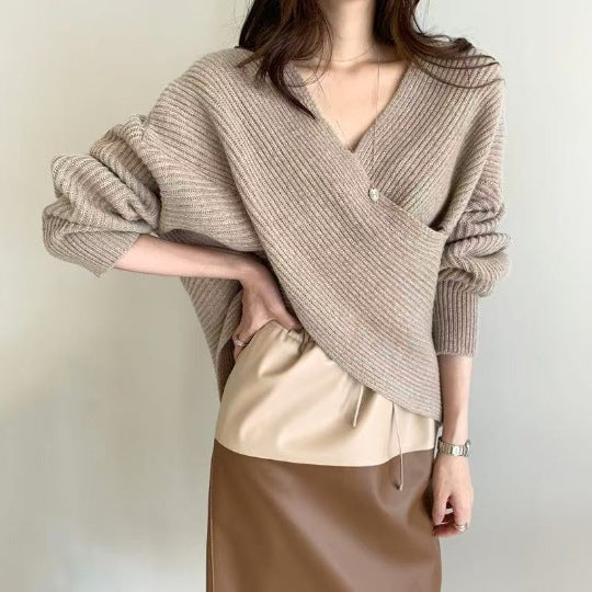 Cross V-Neck Off-Shoulder Knit Pullover - Soft and Feminine