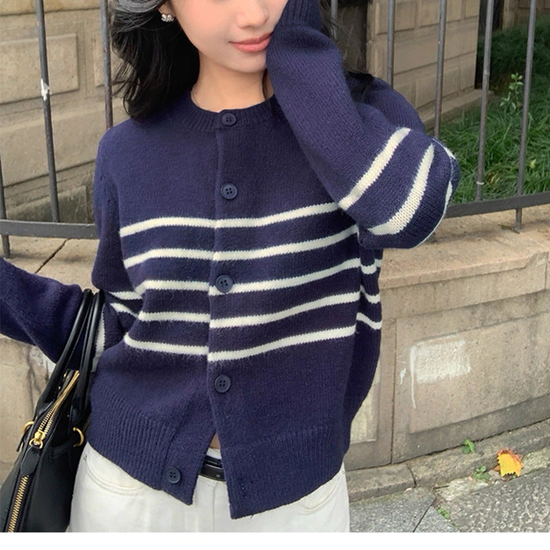 Women's Striped Crewneck Cardigan Sweater - Easy Casual Knit