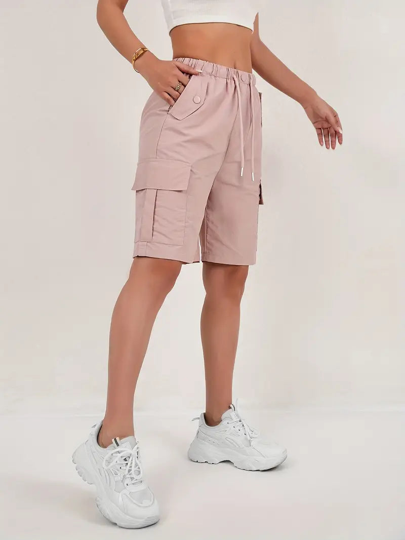 Women's Pink High-Waisted Drawstring Cargo Bermuda Shorts